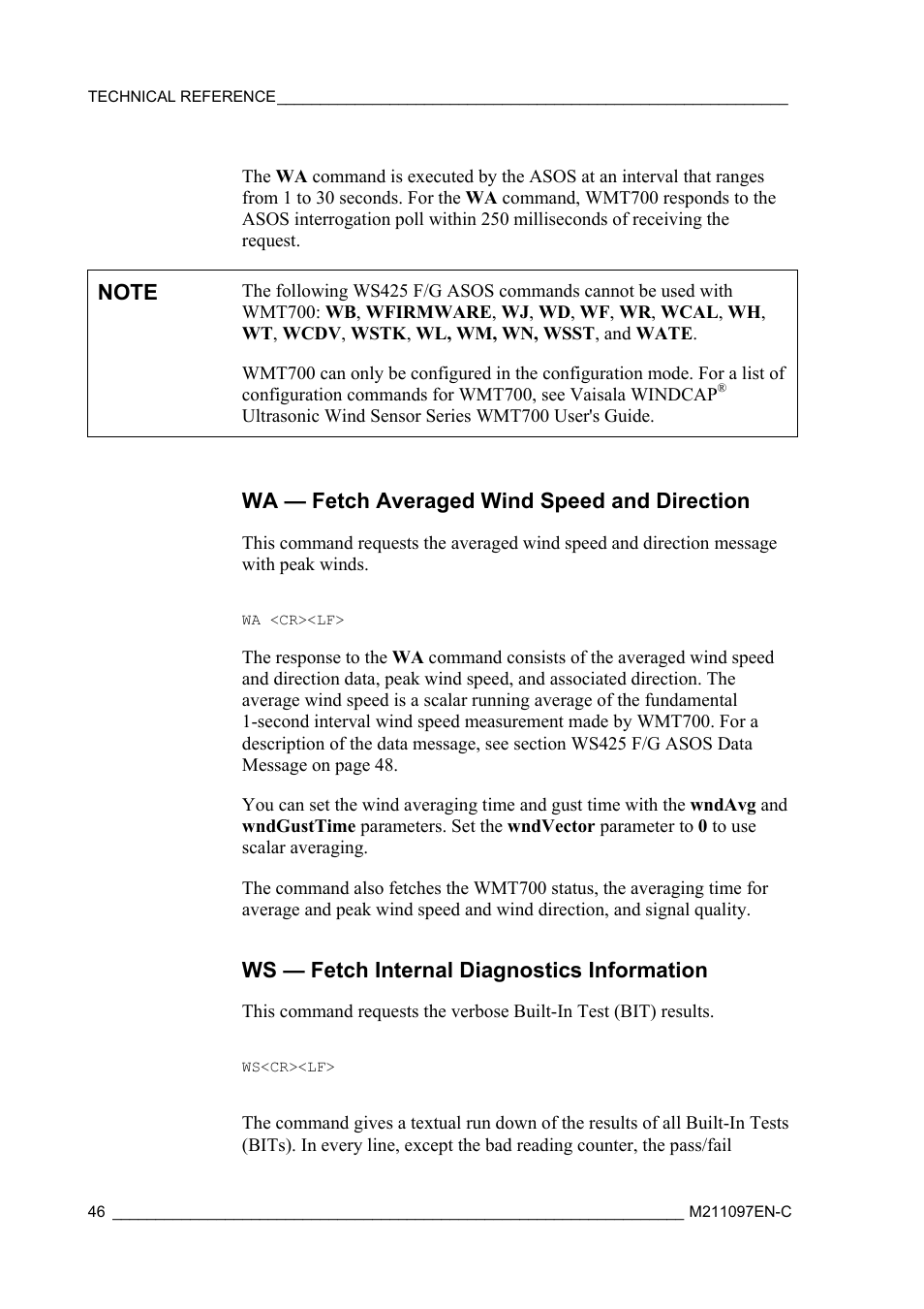 Wa — fetch averaged wind speed and direction, Ws — fetch internal diagnostics information | Vaisala WMT700 User Manual | Page 48 / 80