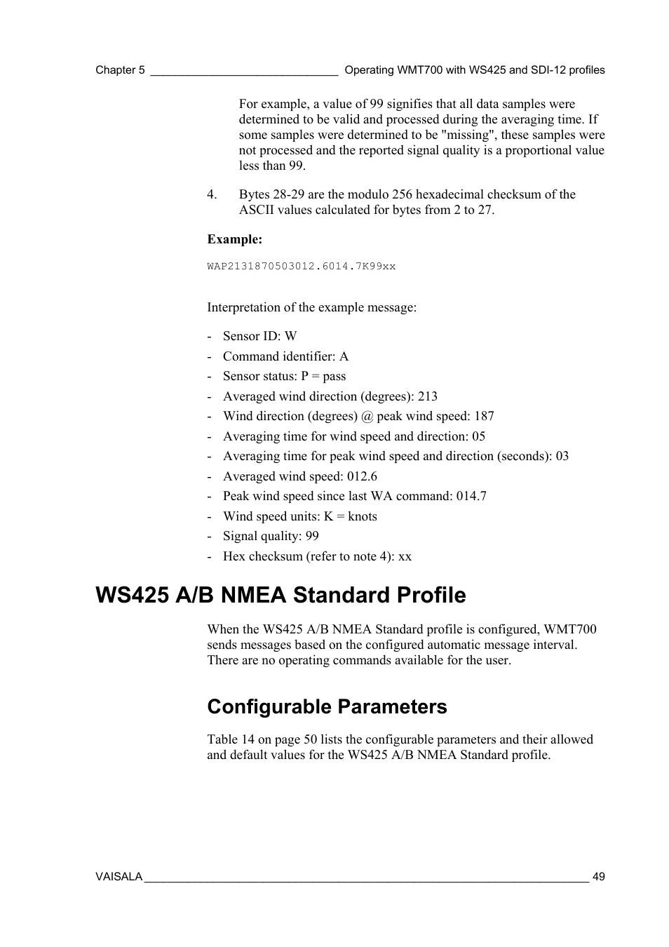 Ws425 a/b nmea standard profile, Configurable parameters | Vaisala WMT700 User Manual | Page 51 / 80