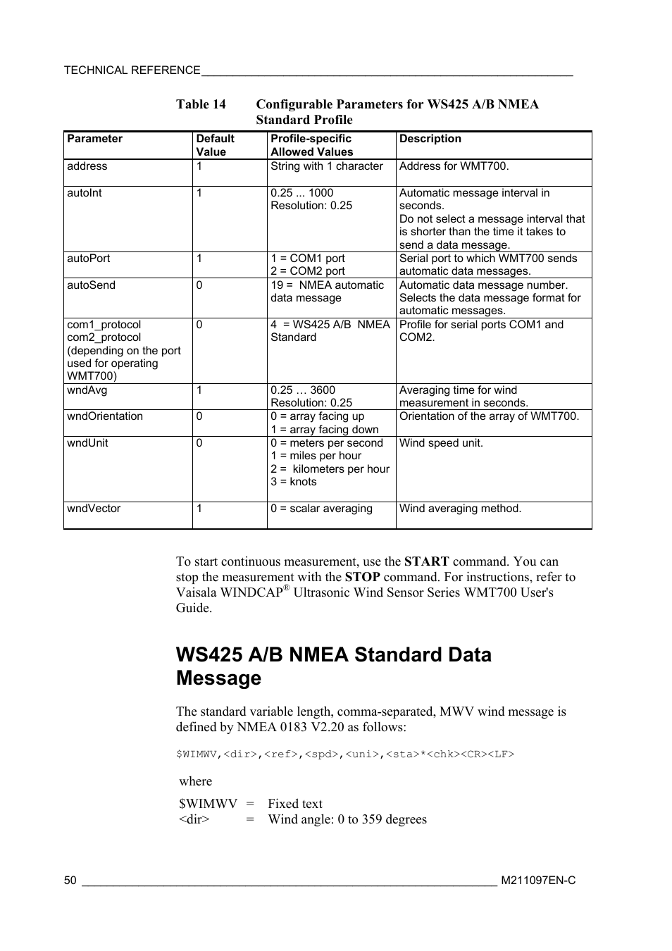 Ws425 a/b nmea standard data message | Vaisala WMT700 User Manual | Page 52 / 80