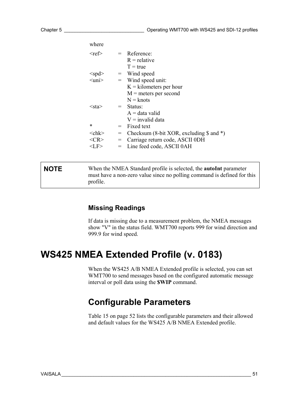 Missing readings, Ws425 nmea extended profile (v. 0183), Configurable parameters | Vaisala WMT700 User Manual | Page 53 / 80