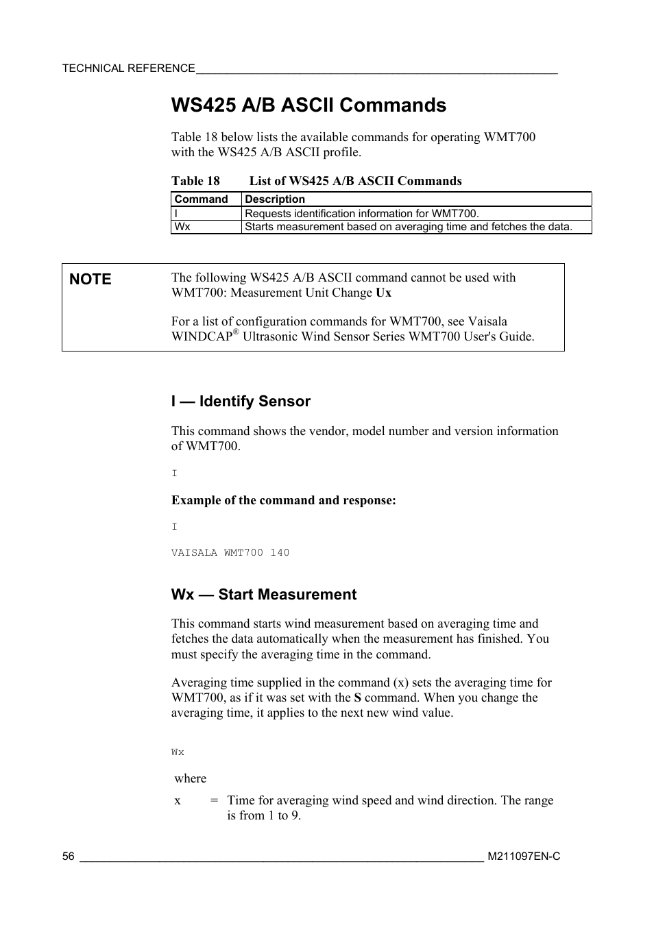Ws425 a/b ascii commands, I — identify sensor, Wx — start measurement | Vaisala WMT700 User Manual | Page 58 / 80