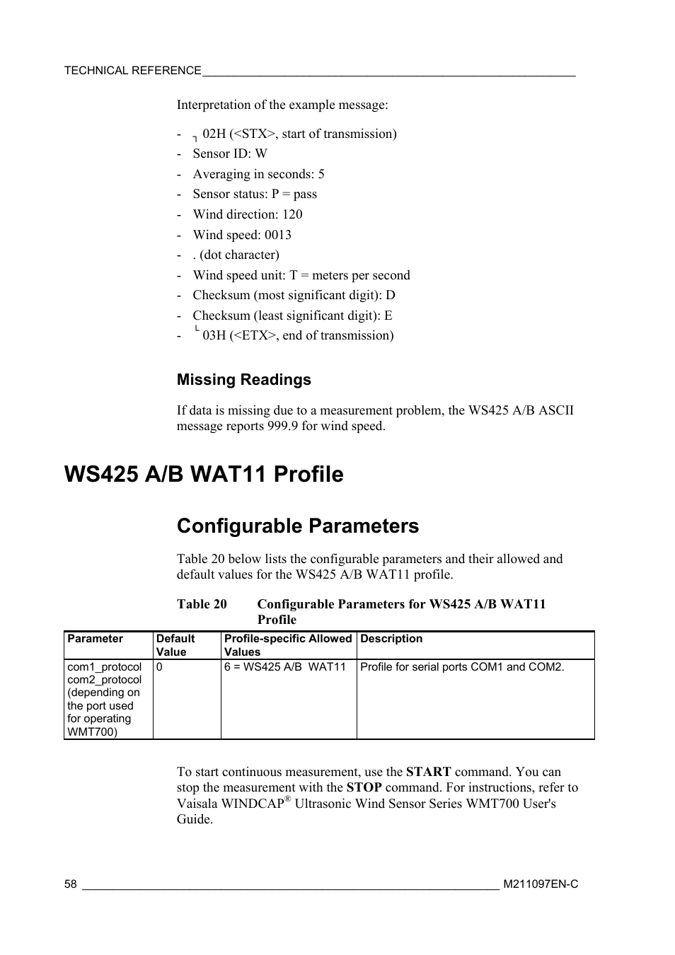 Missing readings, Ws425 a/b wat11 profile, Configurable parameters | Vaisala WMT700 User Manual | Page 60 / 80