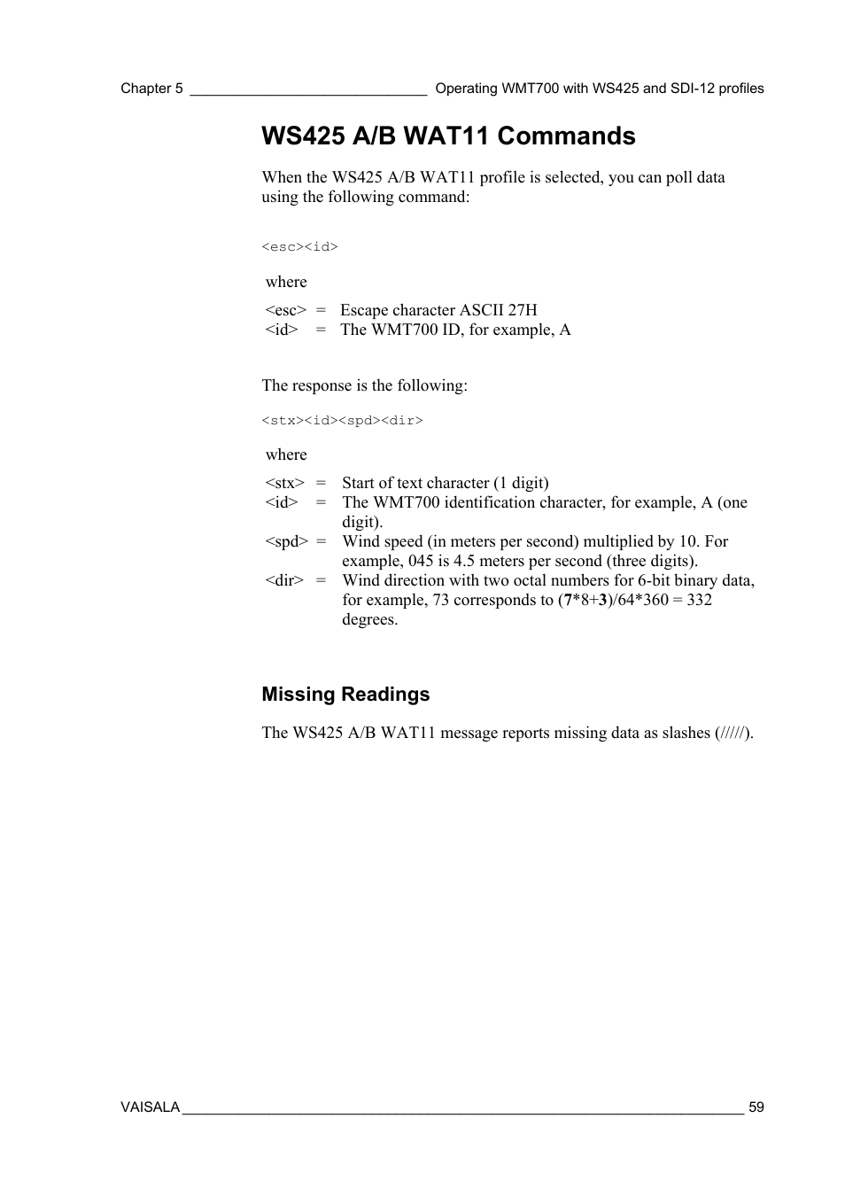 Ws425 a/b wat11 commands, Missing readings | Vaisala WMT700 User Manual | Page 61 / 80