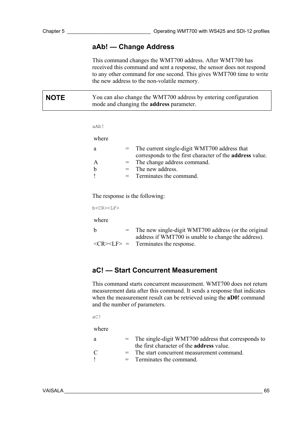 Aab! — change address, Ac! — start concurrent measurement | Vaisala WMT700 User Manual | Page 67 / 80