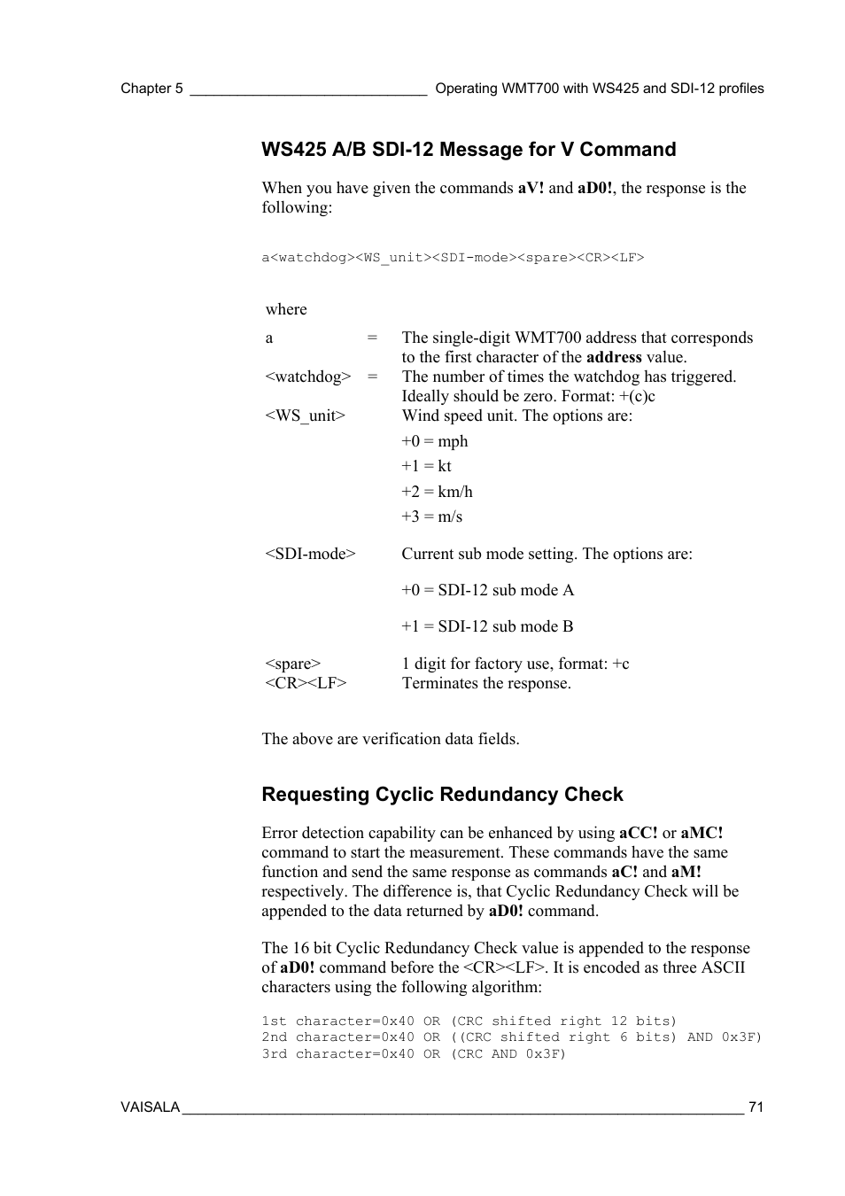 Ws425 a/b sdi-12 message for v command, Requesting cyclic redundancy check | Vaisala WMT700 User Manual | Page 73 / 80