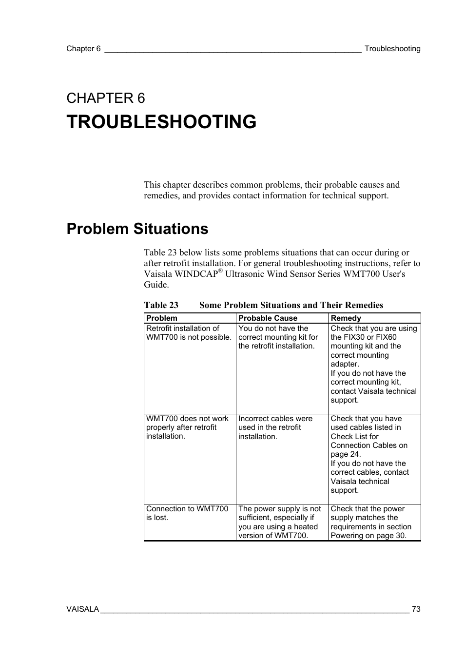Troubleshooting, Problem situations, Chapter 6 | Vaisala WMT700 User Manual | Page 75 / 80