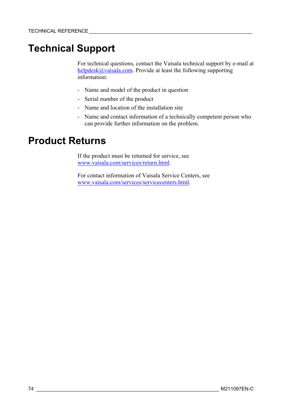 Technical support, Product returns | Vaisala WMT700 User Manual | Page 76 / 80