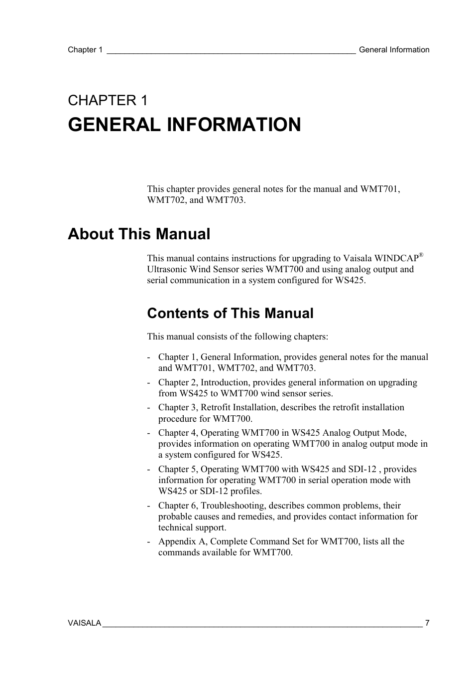 General information, About this manual, Contents of this manual | Chapter 1 | Vaisala WMT700 User Manual | Page 9 / 80