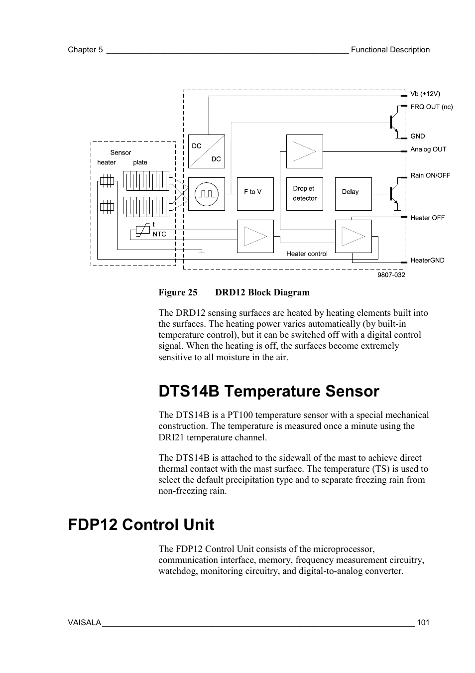 Dts14b temperature sensor, Fdp12 control unit, Figure 25 | Drd12 block diagram | Vaisala FD12P User Manual | Page 101 / 154