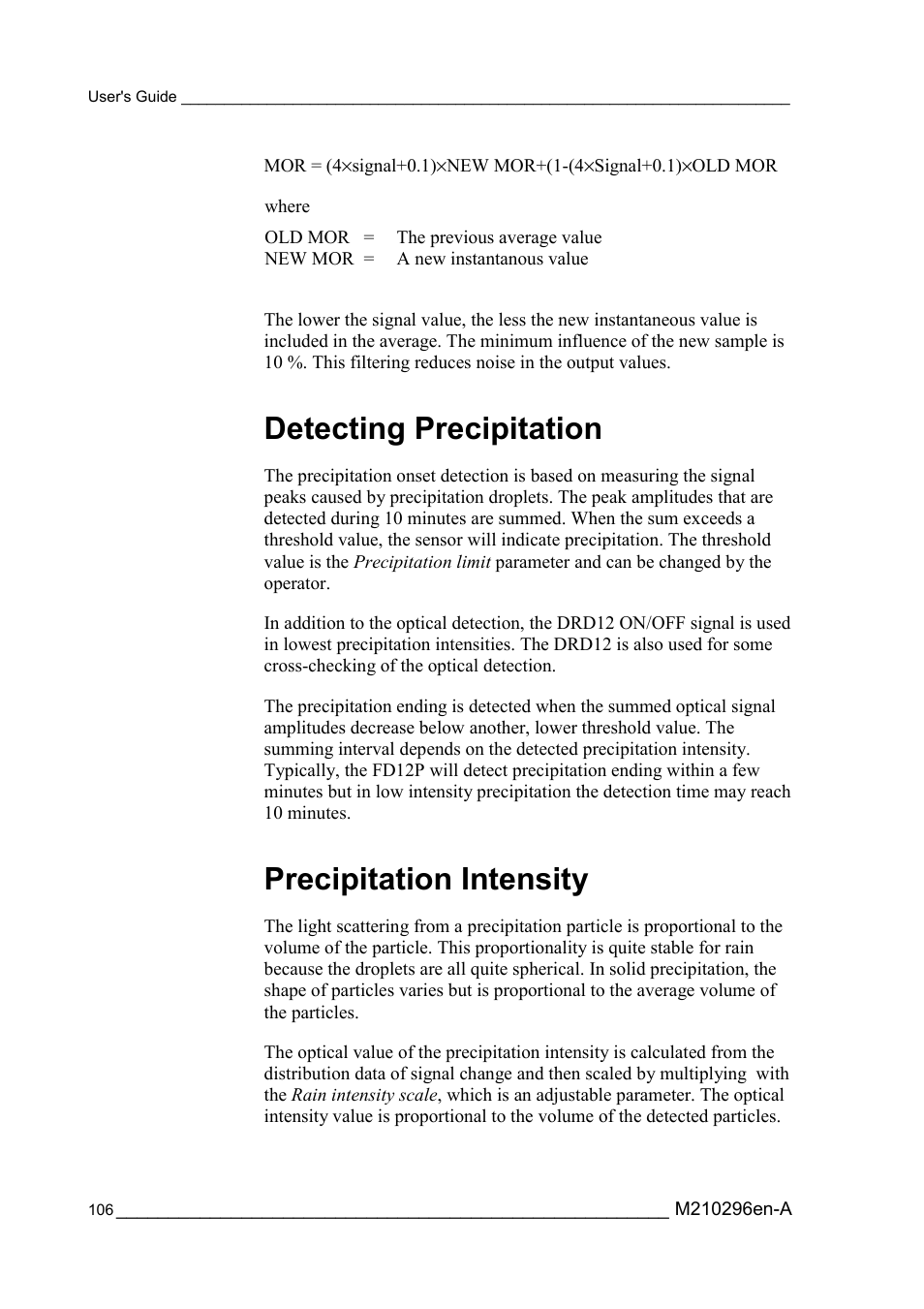 Detecting precipitation, Precipitation intensity, Detecting precipitation precipitation intensity | Vaisala FD12P User Manual | Page 106 / 154