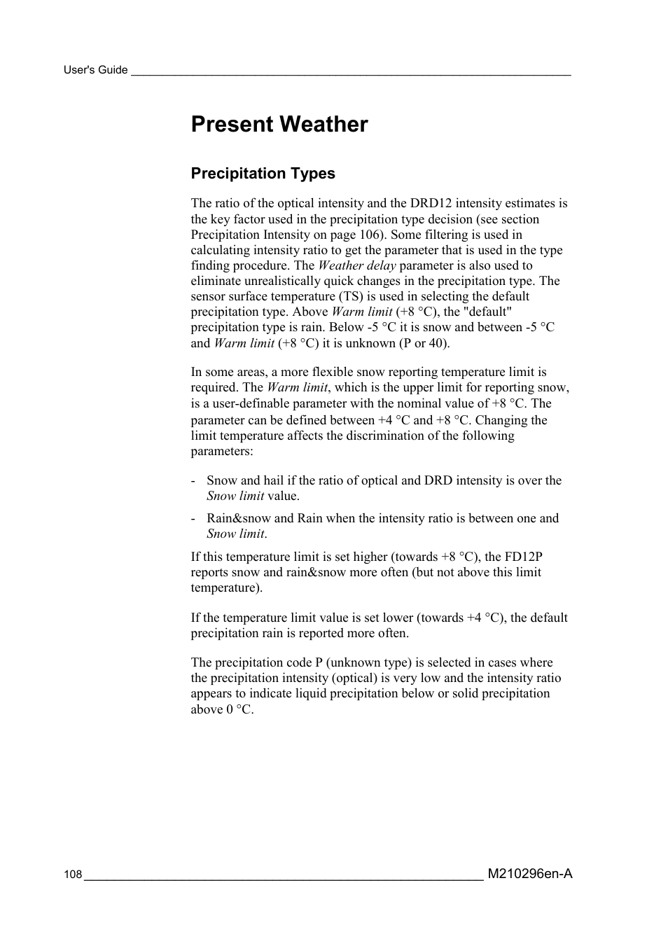 Present weather, Precipitation types | Vaisala FD12P User Manual | Page 108 / 154