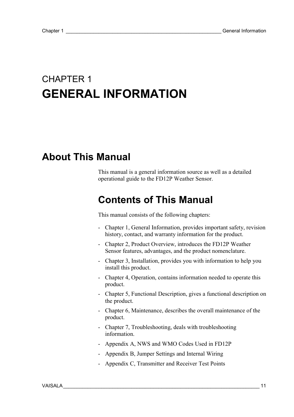 General information, About this manual, Contents of this manual | Chapter 1 | Vaisala FD12P User Manual | Page 11 / 154