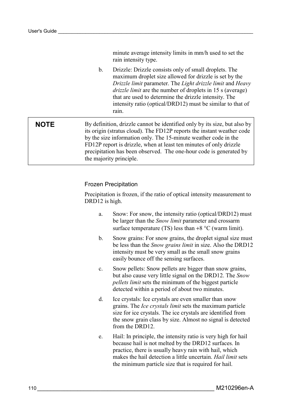 Frozen precipitation | Vaisala FD12P User Manual | Page 110 / 154