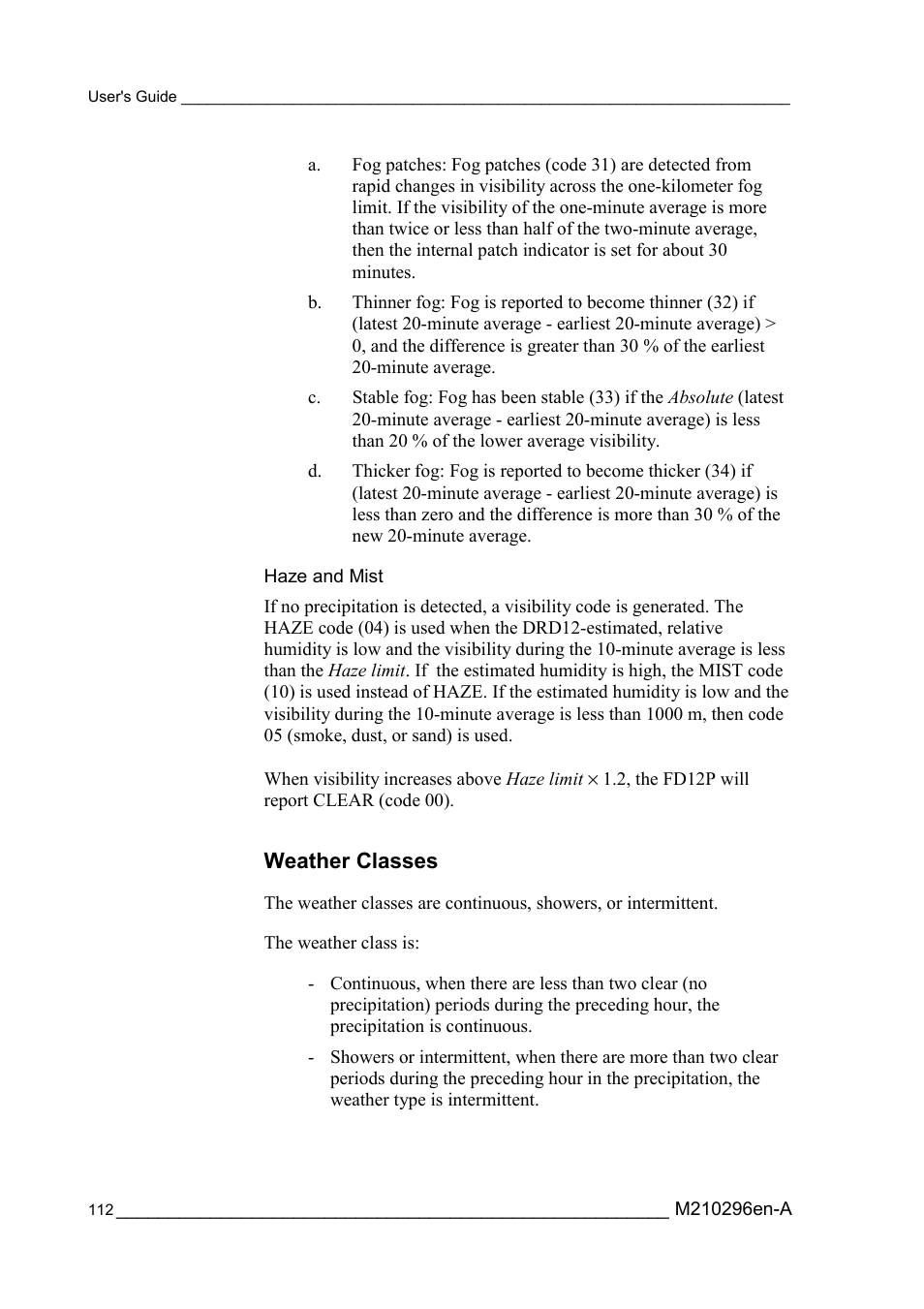 Weather classes, Haze and mist | Vaisala FD12P User Manual | Page 112 / 154