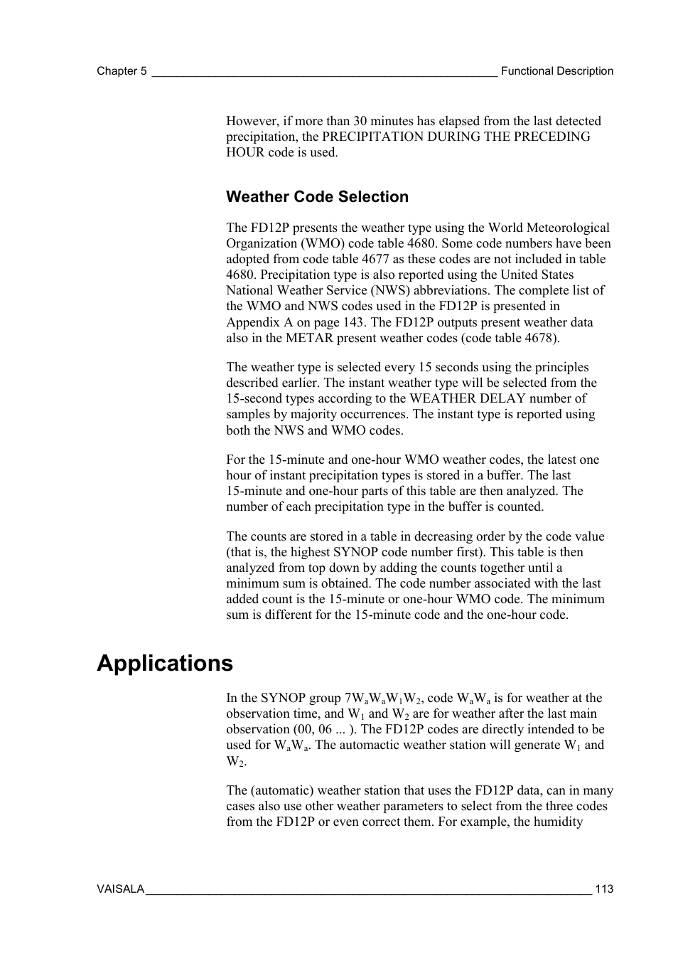 Weather code selection, Applications | Vaisala FD12P User Manual | Page 113 / 154