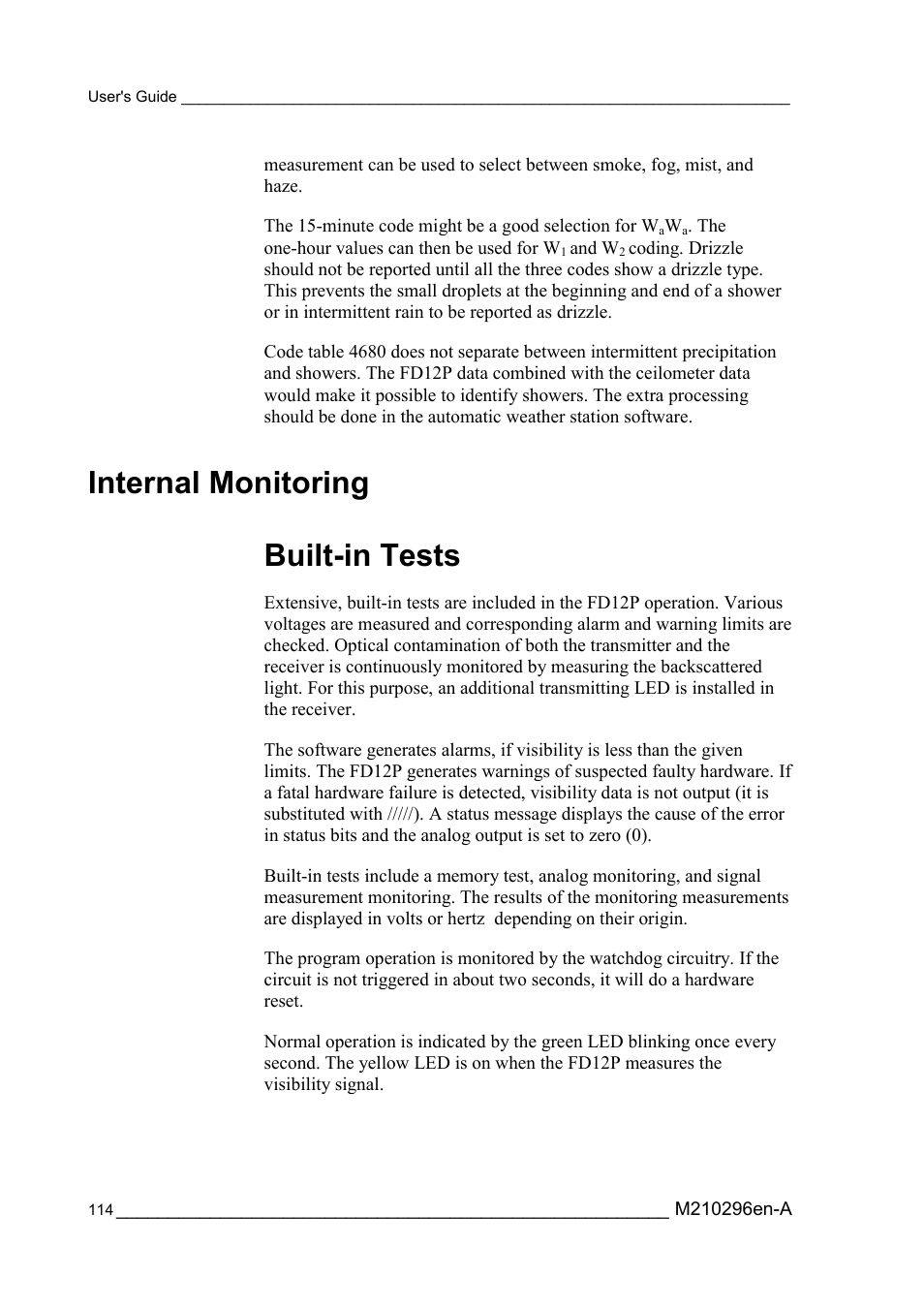 Internal monitoring, Built-in tests, Internal monitoring built-in tests | Vaisala FD12P User Manual | Page 114 / 154