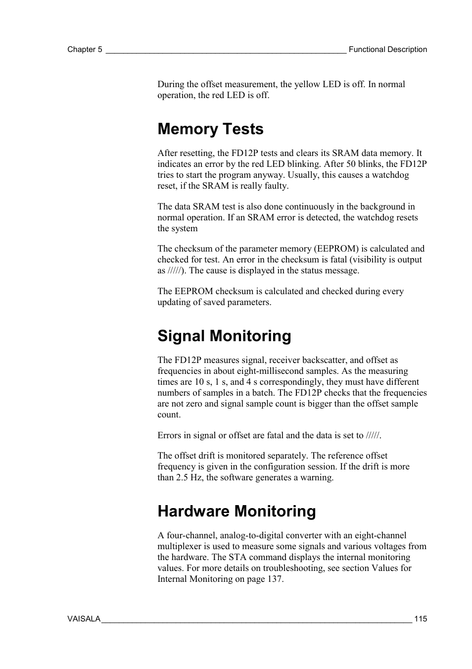 Memory tests, Signal monitoring, Hardware monitoring | Memory tests signal monitoring hardware monitoring | Vaisala FD12P User Manual | Page 115 / 154