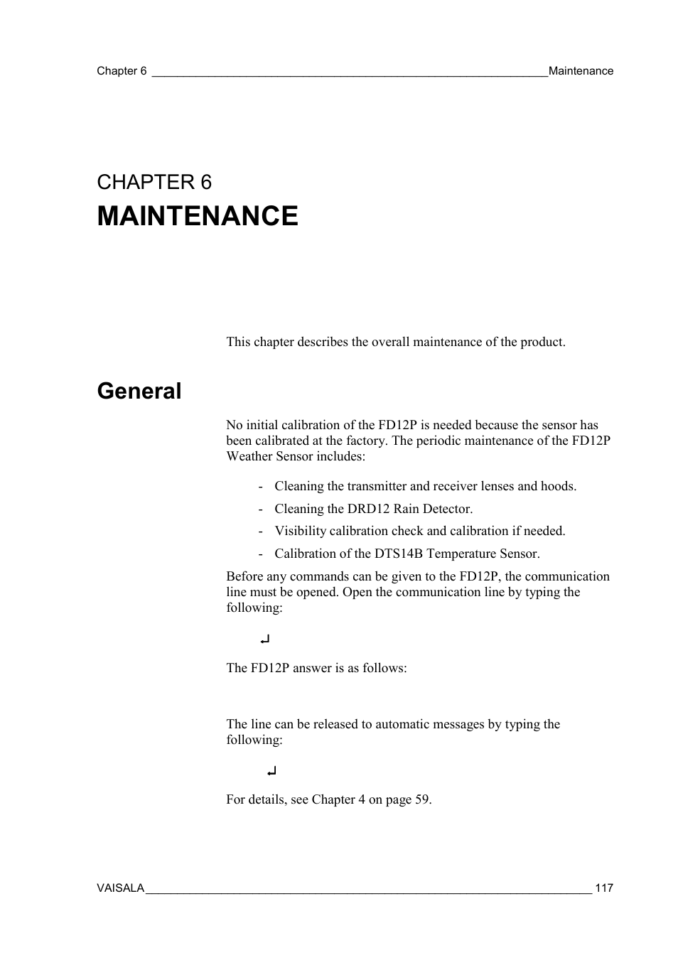 Maintenance, General, Product | Chapter 6 | Vaisala FD12P User Manual | Page 117 / 154