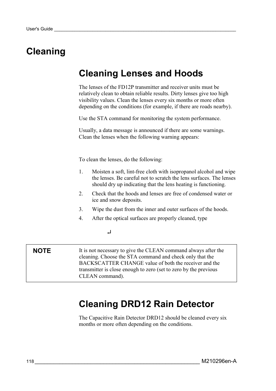 Cleaning, Cleaning lenses and hoods, Cleaning drd12 rain detector | Cleaning cleaning lenses and hoods | Vaisala FD12P User Manual | Page 118 / 154