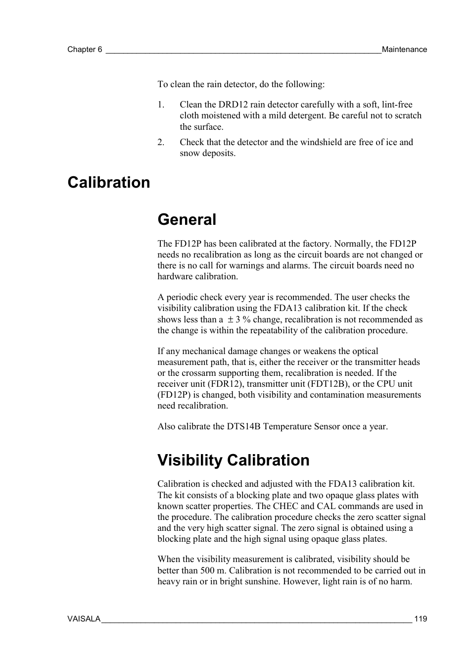 Calibration, General, Visibility calibration | General visibility calibration, Calibration general | Vaisala FD12P User Manual | Page 119 / 154