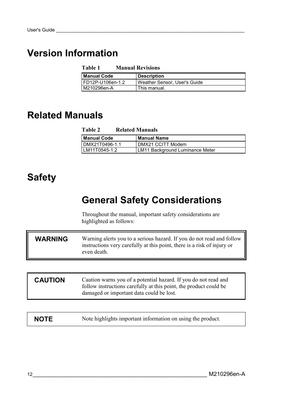 Version information, Related manuals, Safety | General safety considerations, Version information related manuals safety, Table 1, Manual revisions, Table 2, Safety general safety considerations | Vaisala FD12P User Manual | Page 12 / 154