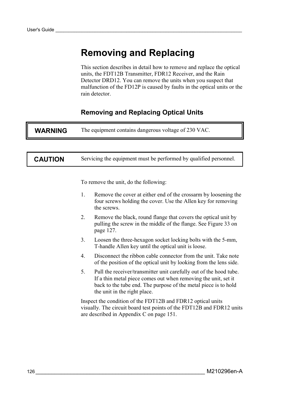Removing and replacing, Removing and replacing optical units | Vaisala FD12P User Manual | Page 126 / 154