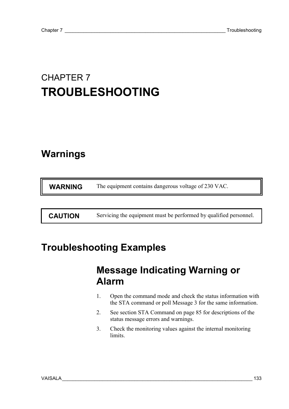 Troubleshooting, Warnings, Troubleshooting examples | Message indicating warning or alarm, Warnings troubleshooting examples, Chapter 7 | Vaisala FD12P User Manual | Page 133 / 154