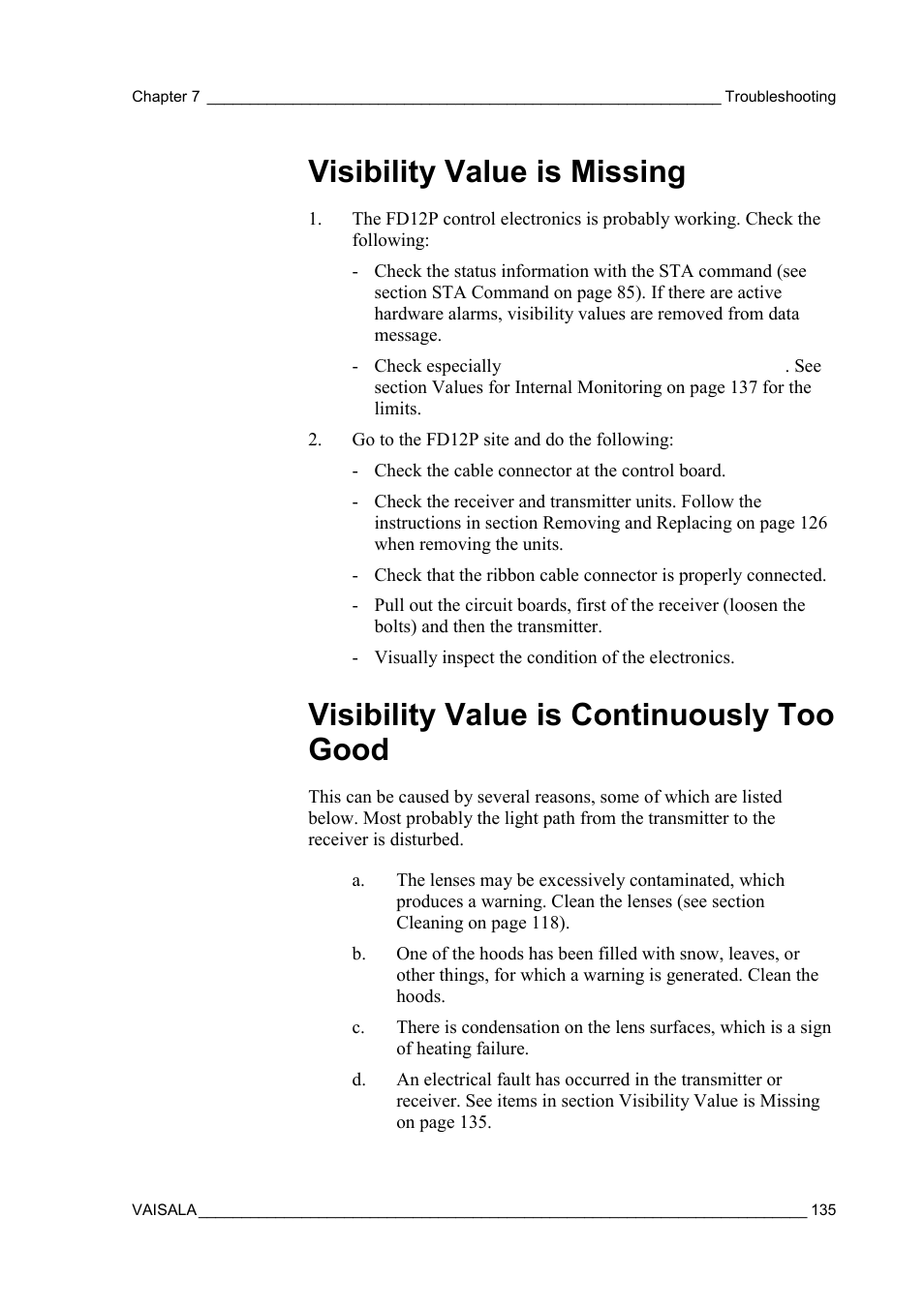 Visibility value is missing, Visibility value is continuously too good | Vaisala FD12P User Manual | Page 135 / 154