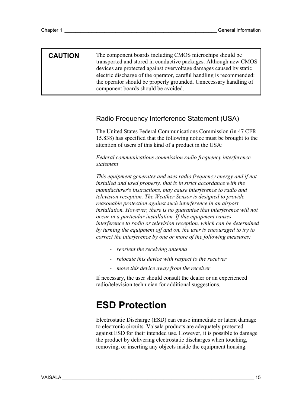 Radio frequency interference statement (usa), Esd protection | Vaisala FD12P User Manual | Page 15 / 154