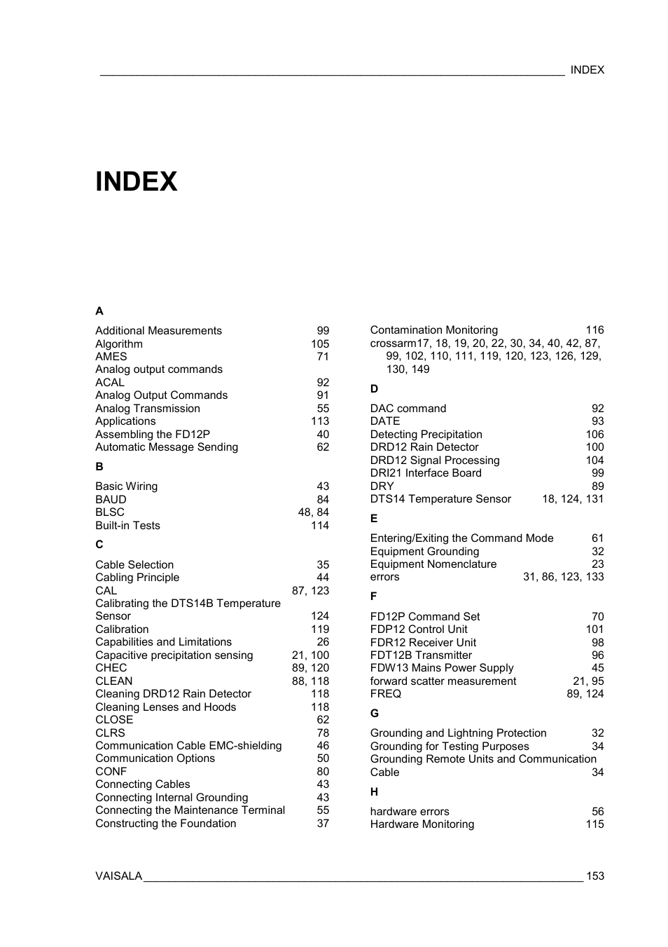 Index | Vaisala FD12P User Manual | Page 153 / 154