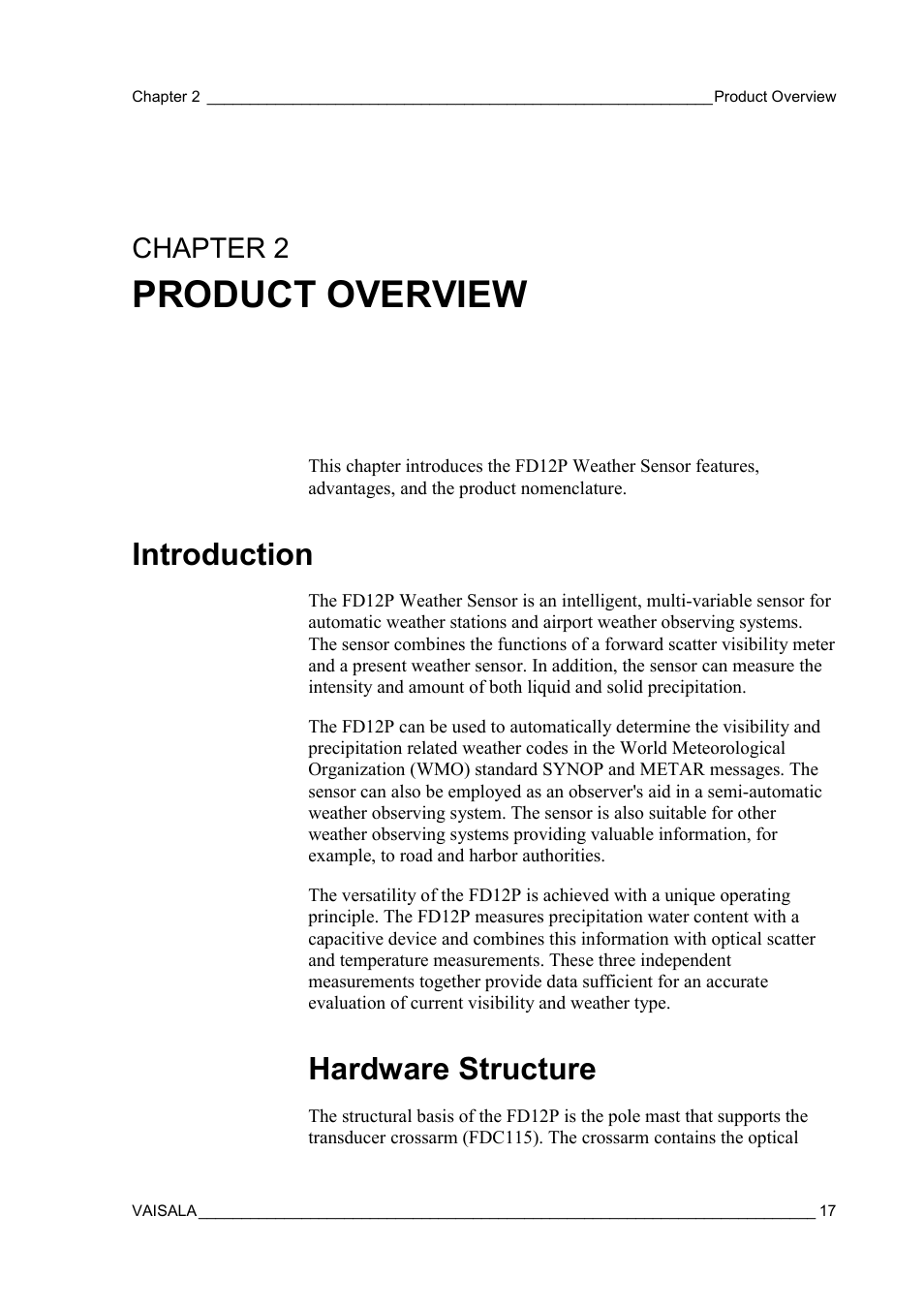 Product overview, Introduction, Hardware structure | Chapter 2 | Vaisala FD12P User Manual | Page 17 / 154
