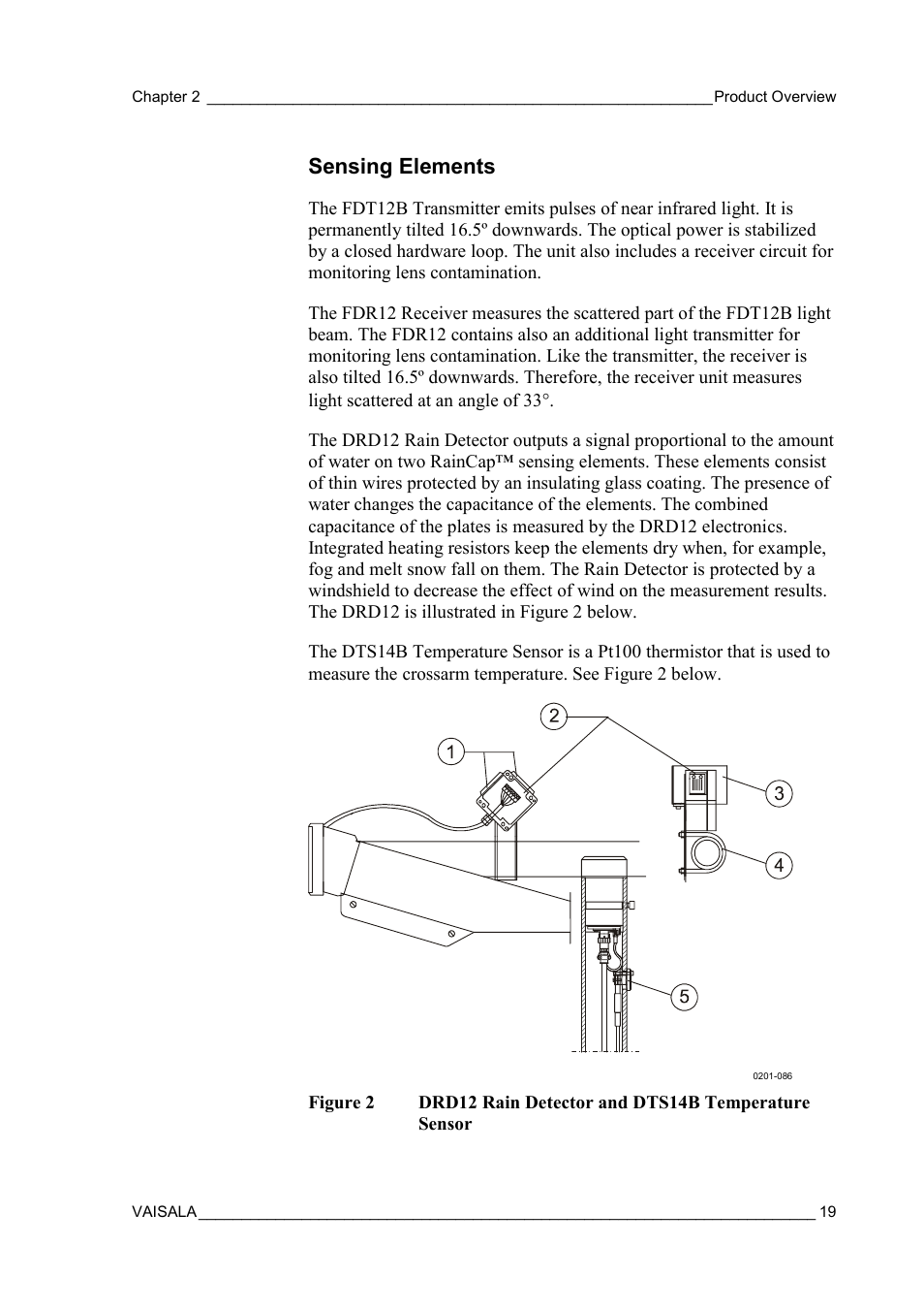 Sensing elements, Figure 2, Drd12 rain detector and dts14b temperature sensor | Vaisala FD12P User Manual | Page 19 / 154