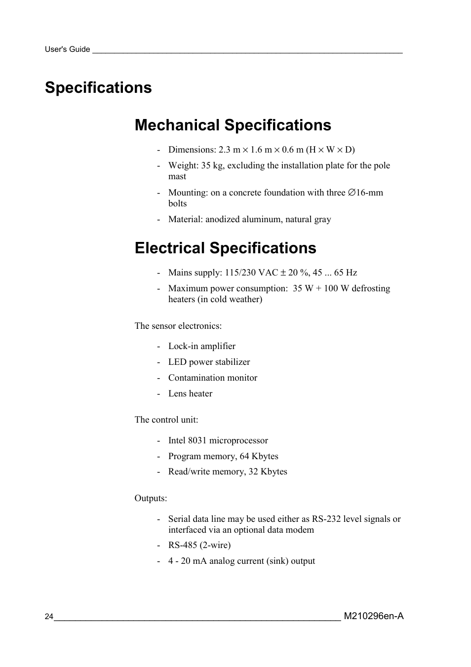 Specifications, Mechanical specifications, Electrical specifications | Specifications mechanical specifications | Vaisala FD12P User Manual | Page 24 / 154