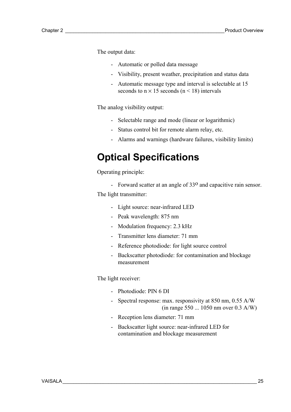 Optical specifications | Vaisala FD12P User Manual | Page 25 / 154