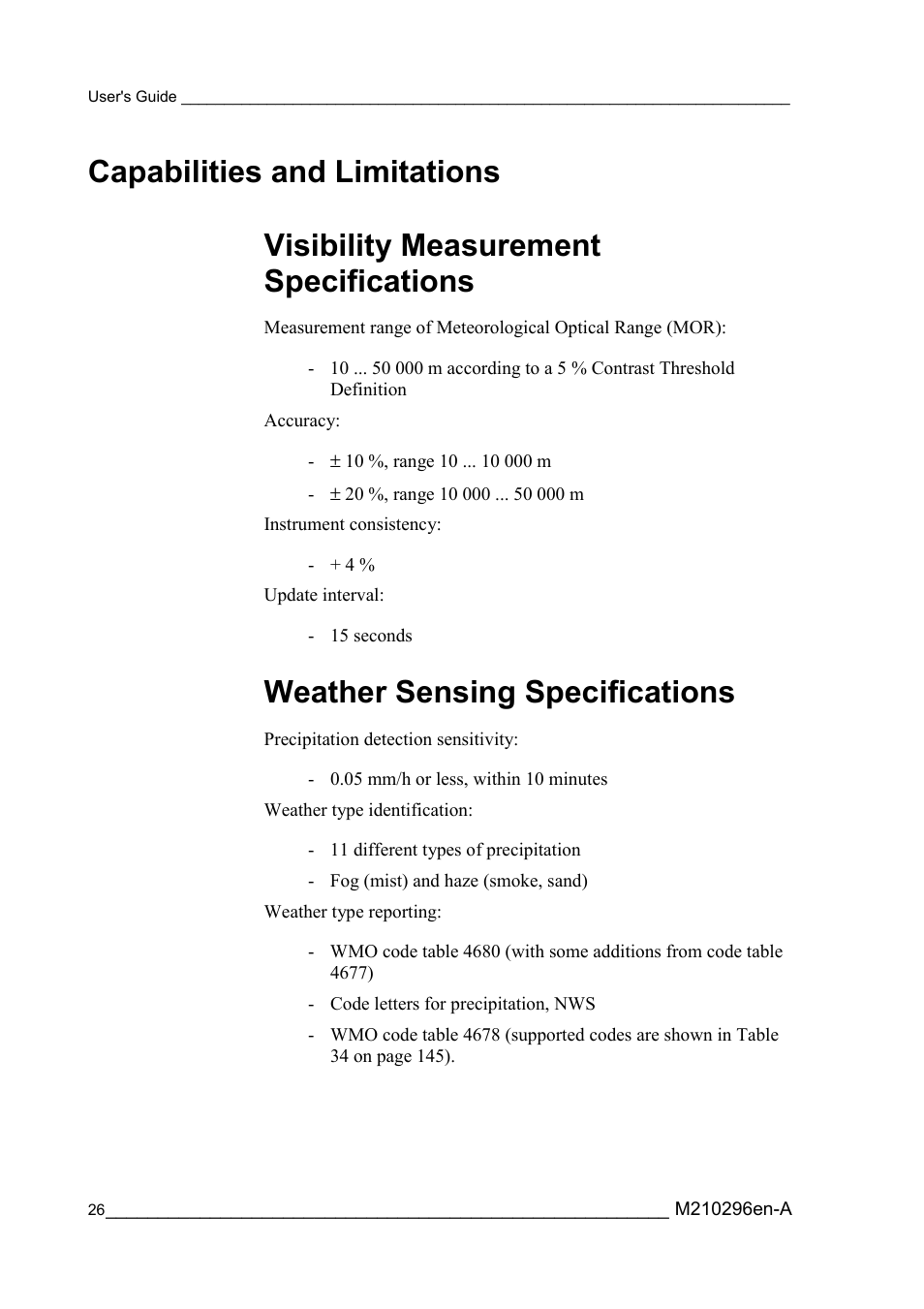 Capabilities and limitations, Visibility measurement specifications, Weather sensing specifications | Vaisala FD12P User Manual | Page 26 / 154