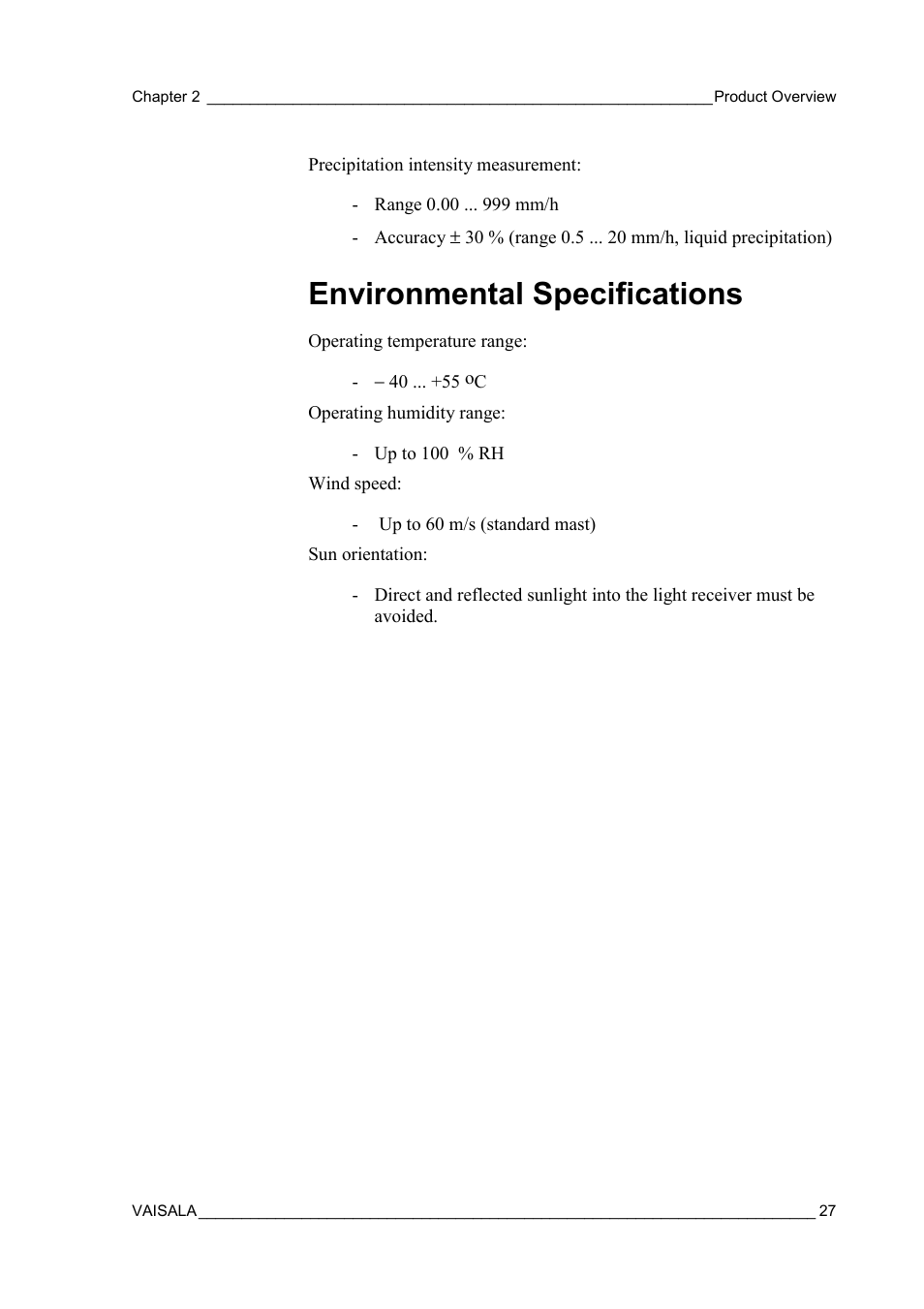 Environmental specifications | Vaisala FD12P User Manual | Page 27 / 154