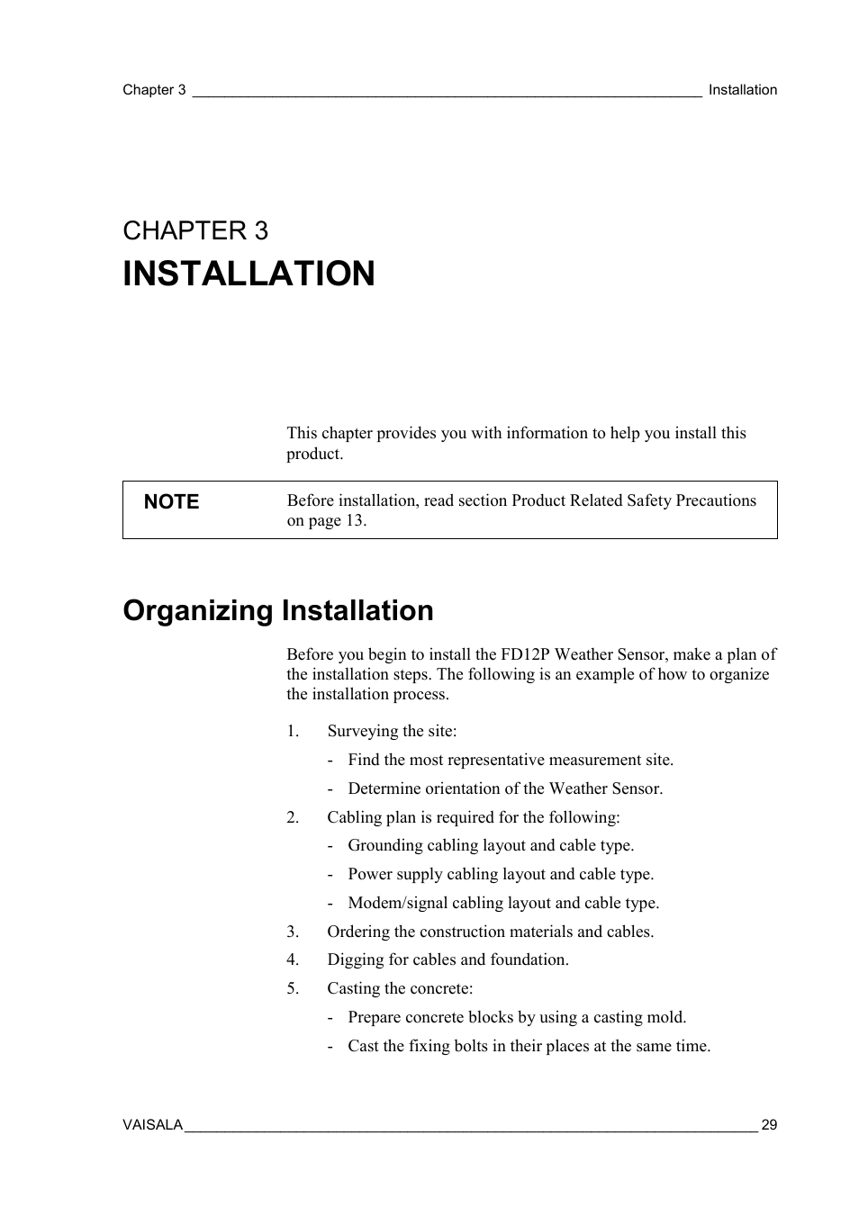 Installation, Organizing installation, Install this product | Chapter 3 | Vaisala FD12P User Manual | Page 29 / 154