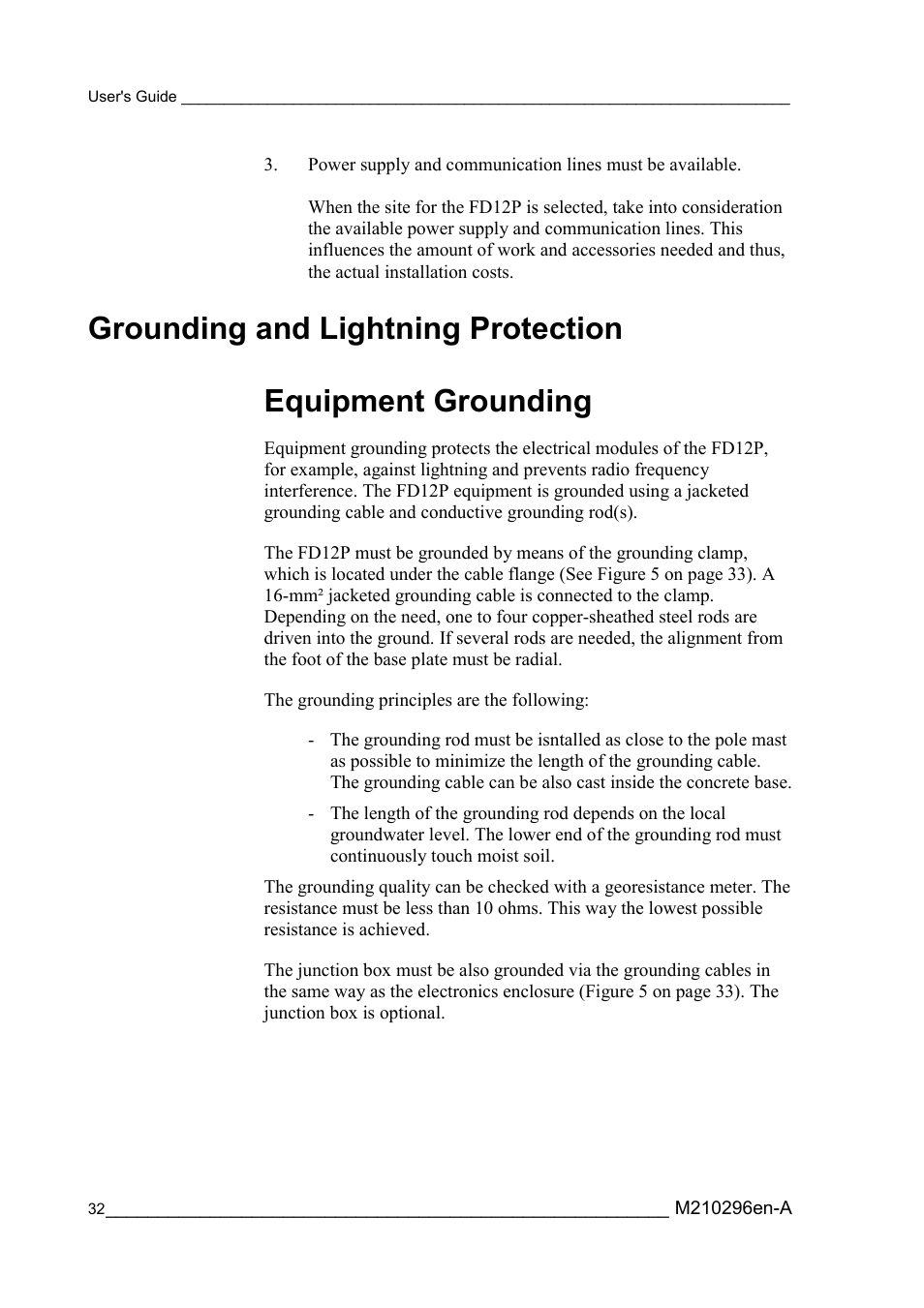 Grounding and lightning protection, Equipment grounding | Vaisala FD12P User Manual | Page 32 / 154