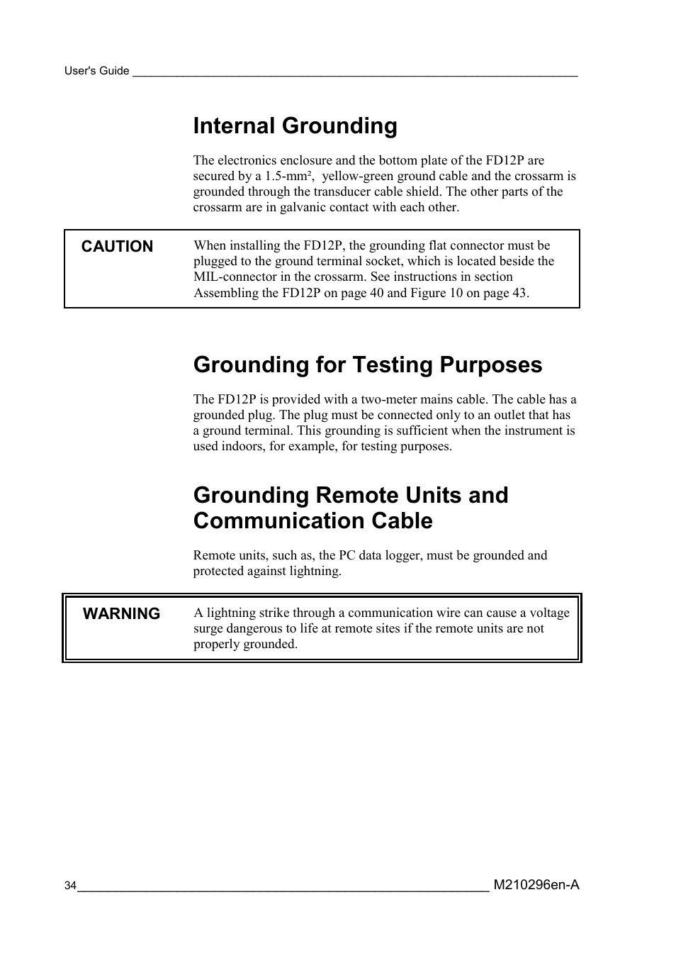 Internal grounding, Grounding for testing purposes, Grounding remote units and communication cable | Vaisala FD12P User Manual | Page 34 / 154