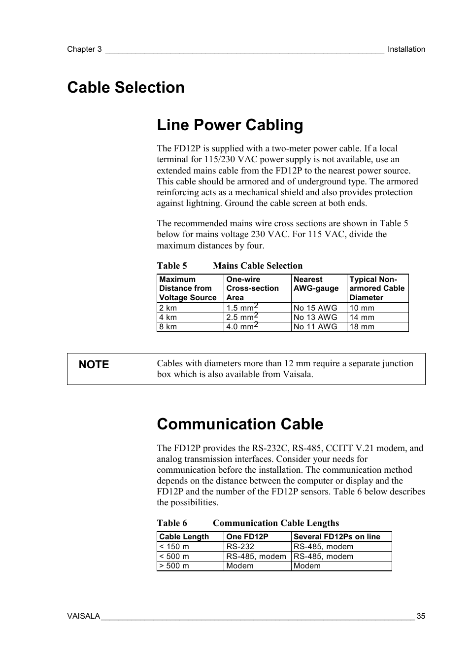 Cable selection, Line power cabling, Communication cable | Line power cabling communication cable, Table 5, Mains cable selection, Table 6, Communication cable lengths, Cable selection line power cabling | Vaisala FD12P User Manual | Page 35 / 154