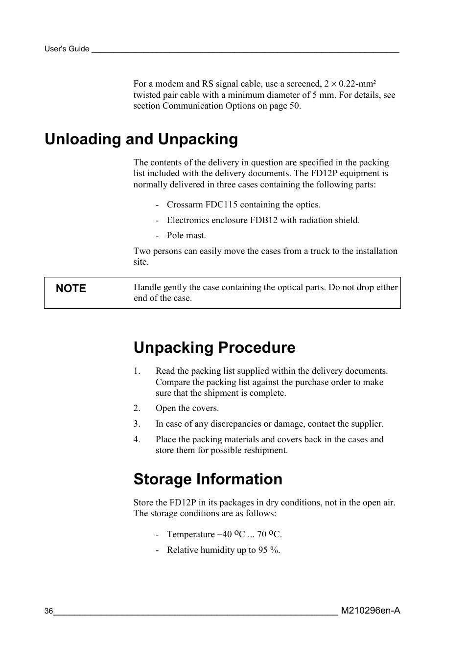 Unloading and unpacking, Unpacking procedure, Storage information | Unpacking procedure storage information | Vaisala FD12P User Manual | Page 36 / 154