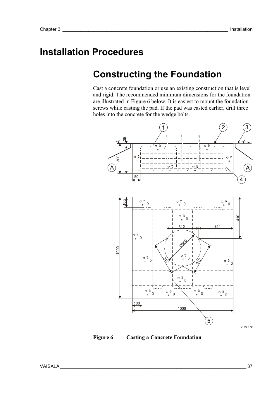 Installation procedures, Constructing the foundation, Figure 6 | Casting a concrete foundation | Vaisala FD12P User Manual | Page 37 / 154