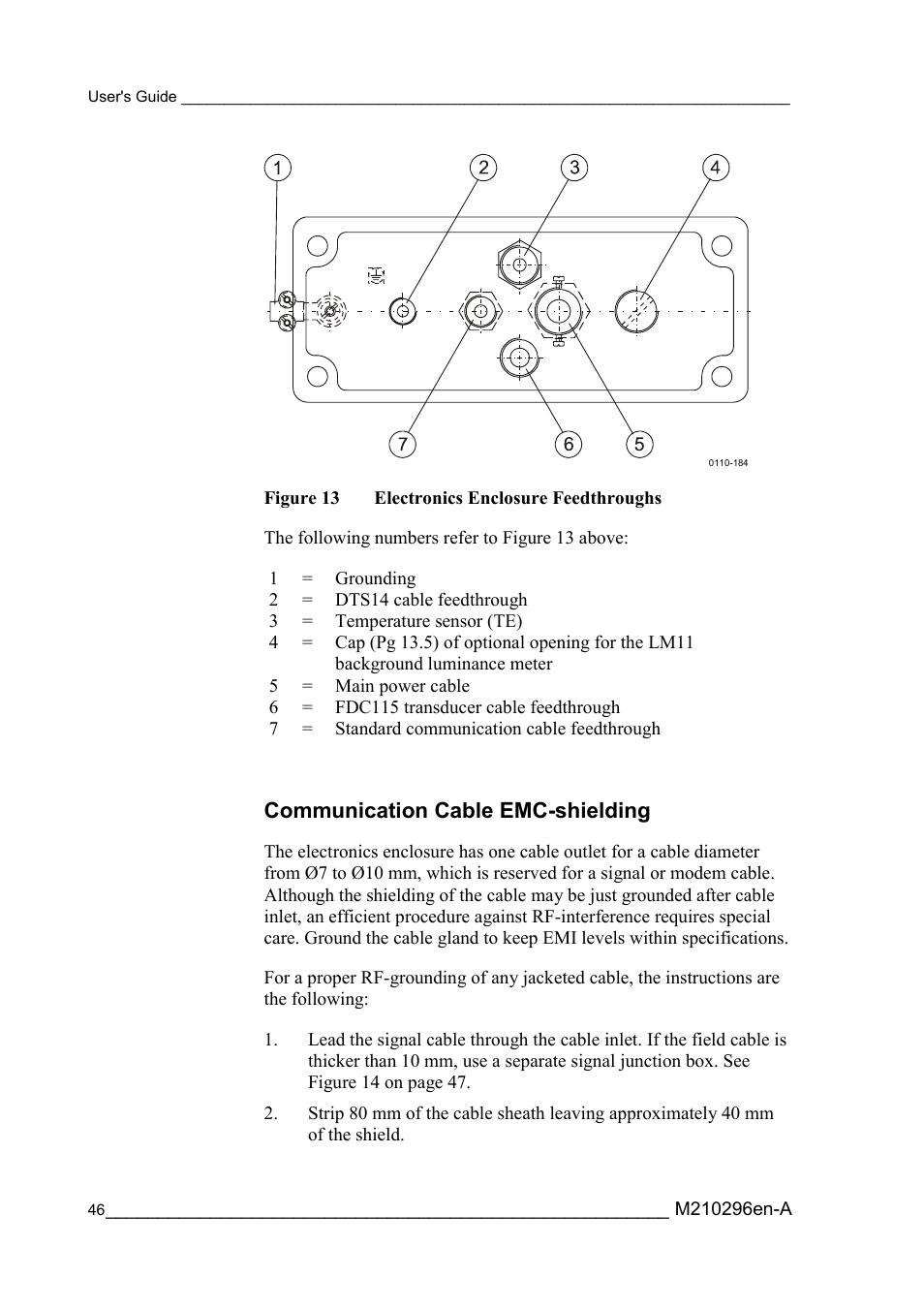 Communication cable emc-shielding, Figure 13, Electronics enclosure feedthroughs | Section communication cable emc-shielding on pa | Vaisala FD12P User Manual | Page 46 / 154