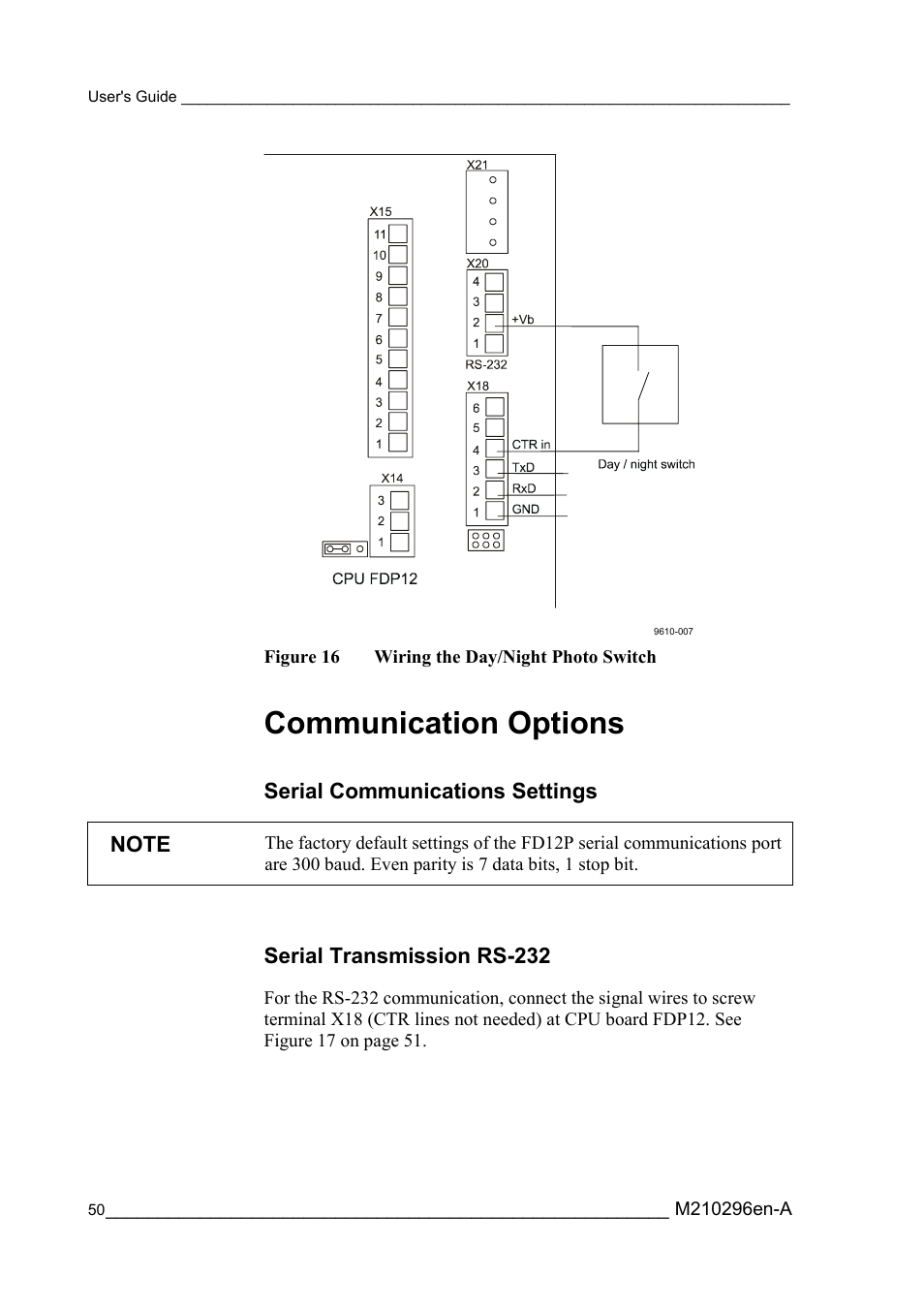 Communication options, Serial communications settings, Serial transmission rs-232 | Figure 16, Wiring the day/night photo switch, Section communication options on pag | Vaisala FD12P User Manual | Page 50 / 154