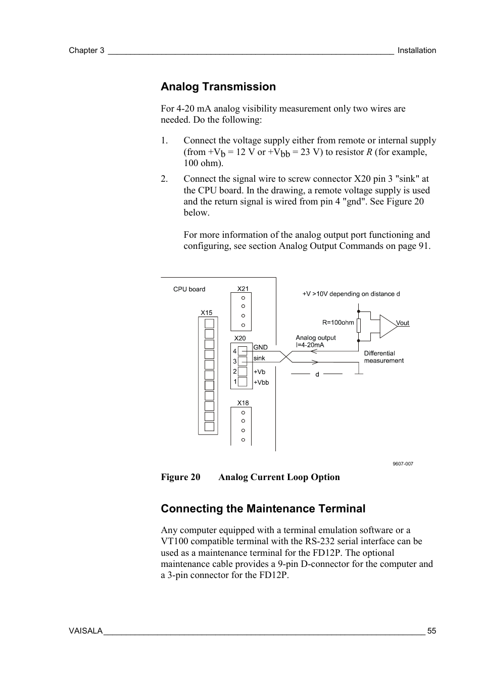 Analog transmission, Connecting the maintenance terminal, Figure 20 | Analog current loop option | Vaisala FD12P User Manual | Page 55 / 154