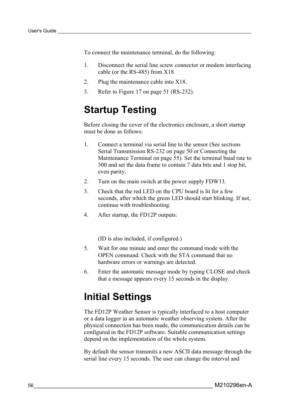 Startup testing, Initial settings, Startup testing initial settings | Vaisala FD12P User Manual | Page 56 / 154