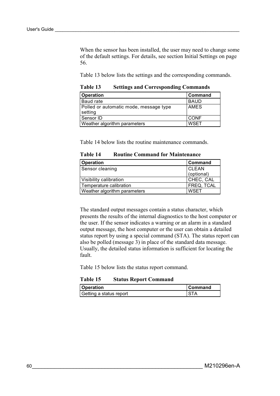 Table 13, Settings and corresponding commands, Table 14 | Routine command for maintenance, Table 15, Status report command | Vaisala FD12P User Manual | Page 60 / 154