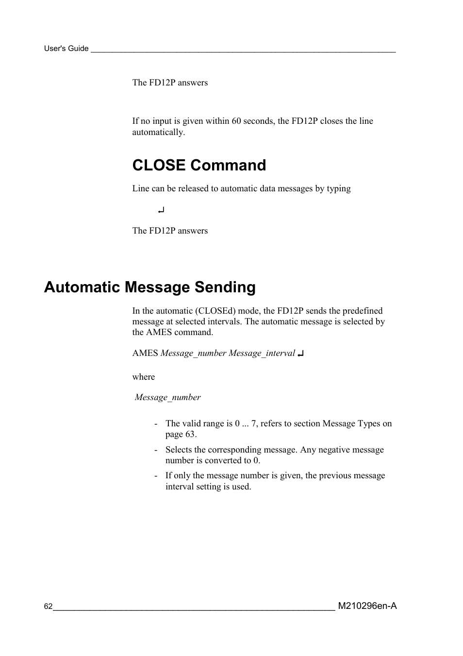 Close command, Automatic message sending | Vaisala FD12P User Manual | Page 62 / 154