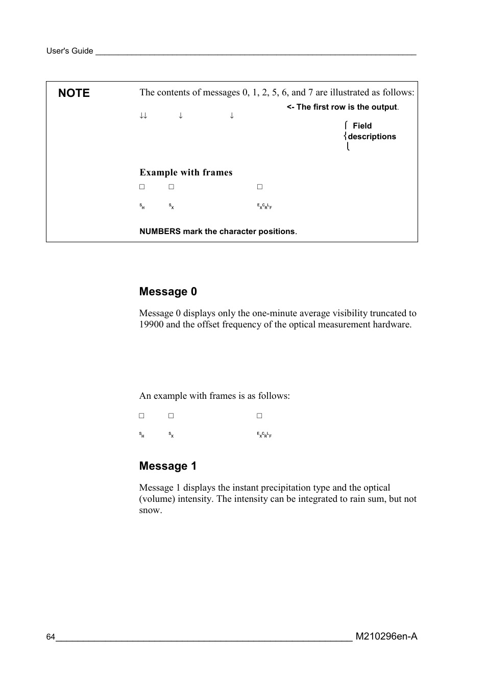 Message 0, Message 1, Message 0 message 1 | Example with frames, An example with frames is as follows | Vaisala FD12P User Manual | Page 64 / 154