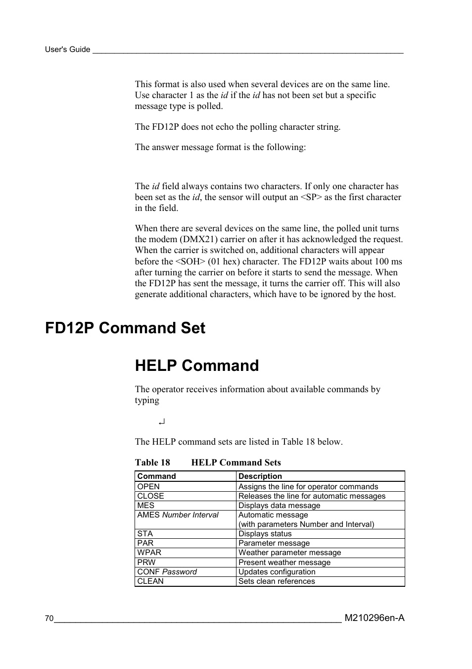 Fd12p command set, Help command, Table 18 | Help command sets, Fd12p command set help command | Vaisala FD12P User Manual | Page 70 / 154